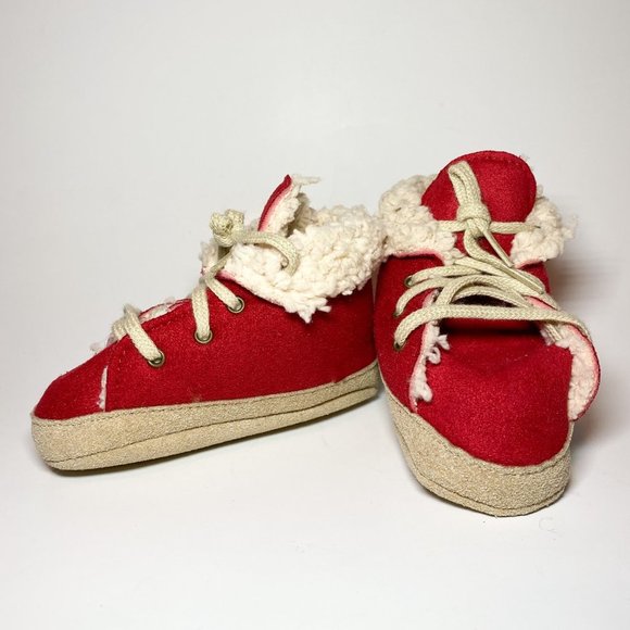 Baby Booties 6 months + from France Red Beige Sherpa - Picture 1 of 3